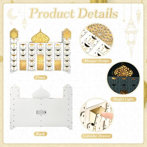 Wooden Ramadan Countdown Calendar, Eid Mubarak Advent Calendar with Drawer, Mosque Shaped Fillable Muslim Ramadan Decoration for Home Holiday Tabletop Decor Gift Party Supply