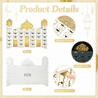 Wooden Ramadan Countdown Calendar, Eid Mubarak Advent Calendar with Drawer, Mosque Shaped Fillable Muslim Ramadan Decoration for Home Holiday Tabletop Decor Gift Party Supply