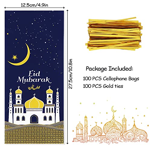 2026 Eid Mubarak Goodie Bags, 100 Pieces Muslim Castle Moon Star Pattern Ramadan Treat Bags Cellophane Bags Goody Favor Bags with Gold Twist Ties for Muslim Islamic Eid Iftar Diwali Party Kids Gifts - color: Blue