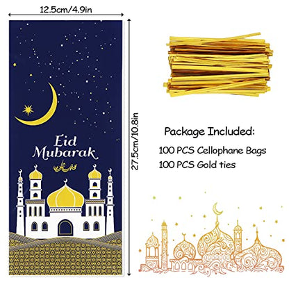 2026 Eid Mubarak Goodie Bags, 100 Pieces Muslim Castle Moon Star Pattern Ramadan Treat Bags Cellophane Bags Goody Favor Bags with Gold Twist Ties for Muslim Islamic Eid Iftar Diwali Party Kids Gifts - color: Blue