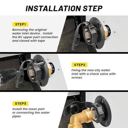 Oyviny RV City Water Inlet with Check Valve, Lead-free Brass RV Fresh Water Inlet 3/4 NH Female to 1/2 NPT Male Connection, Water Fill Inlet Flange Replacement for Camper Trailer Motorhome Marine