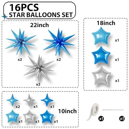 Blue Silver Star Balloons,16Pcs 22/18/10 Inch Foil Graduation Decorations - color: Blue Silver