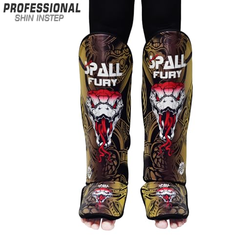 Muay Thai Shin Guards for Kickboxing Martial Arts BJJ Boxing Equipment MMA Training and Sparring Leg Guard with Instep Protection Pads - color: Fury-Golden, size: Large/Xlarge