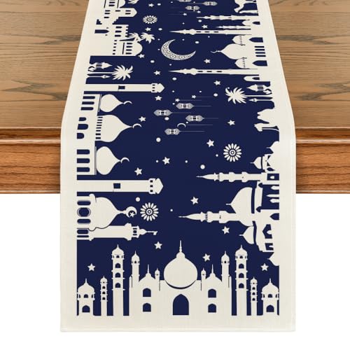 Artoid Mode Blue Silhouette Castle Camel Ramadan Table Runner, Seasonal Kitchen Dining Table Decoration for Home Party Decor 13x72 Inch