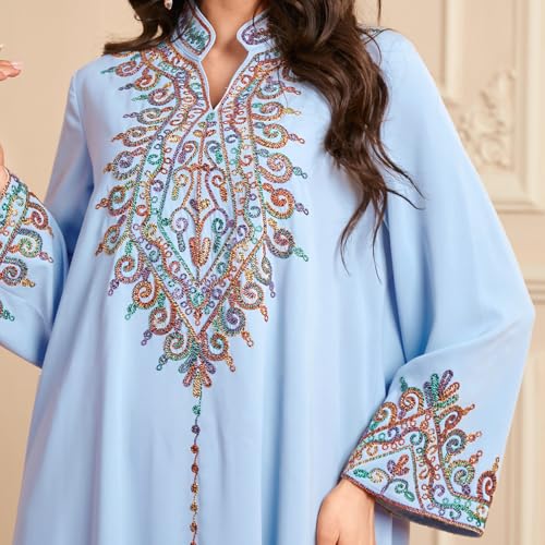 OBEEII Abayas for Women Muslim Applique Embroidery Long Sleeve Maxi Dress Loose Full Cover Islamic Dubai Robe Kaftan Abayas - color: Sky Blue, size: Large
