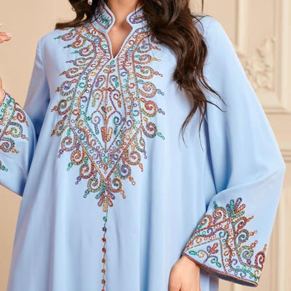 OBEEII Abayas for Women Muslim Applique Embroidery Long Sleeve Maxi Dress Loose Full Cover Islamic Dubai Robe Kaftan Abayas - color: Sky Blue, size: XX-Large