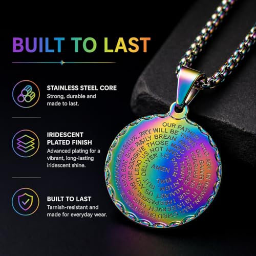 Steeltime Stainless Steel Lords Prayer Necklace with Simulated Diamonds - color: Rainbow IP, style: Round Pendant