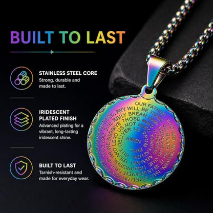 Steeltime Stainless Steel Lords Prayer Necklace with Simulated Diamonds - color: Rainbow IP, style: Round Pendant