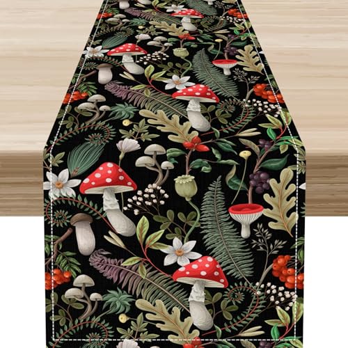 Mushroom Table Runner, Spring Summer Watercolor Floral Forest Plants Botanical Leaf Seasonal Farmhouse Wildflowers Home Kitchen Dining Table Decoration 13"x36" - color: Tr-mushroom01, size: 13x36" Table Runner