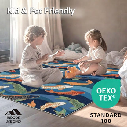 8'x10' Washable Asian Koi Fish Large Rug, Navy Blue Non-Shedding Pet Friendly Carpet Foldable Easy Care Mat for King Size Bedroom, Master Suite, Under Bed | Ref:1885305 - color: Blue/Pattern 12, size: 8' x 10' (Rectangular)