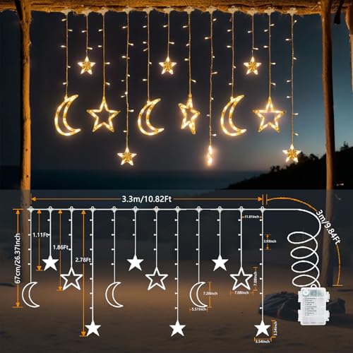 138 LED Star Moon String Lights, Warm White Fairy String Lights with 12 Hooks, Twinkle Battery Operated Lights with Remote, 8 Modes for Bedroom, Ramadan Decoration