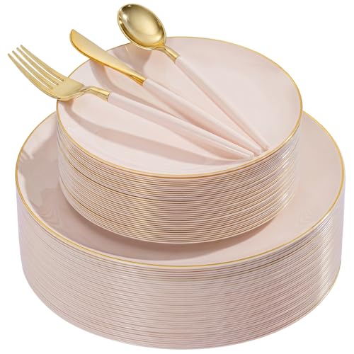 DaYammi 150Pcs Pink Plastic Plates with Gold Rim,Elegant Disposable Dinnerware with Gold Cutlery - 30 Dinner Plate,30 Dessert Plate,30 Knives,30 Forks,30 Spoons,Fancy Pink Plates for Party Wedding - color: Pink Gold