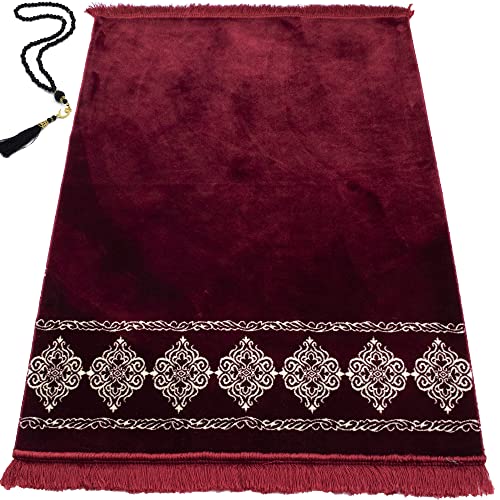 Modefa Turkish Islamic Prayer Rug - Large & Wide Soft Velvet Janamaz - Comfortable Muslim Praying Mat for Men & Women - Ramadan or Eid Gift - with Prayer Beads Tesbih - Grand Plush (Red) - color: Red
