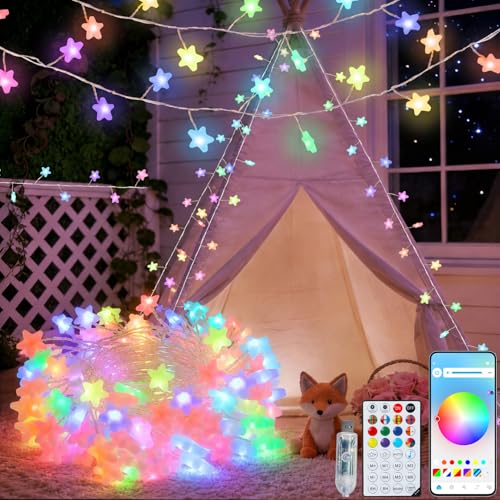 echosari Smart Star Fairy Lights Plug in, 16 Million Color Changing String Lights RGB Built in Chip with App Remote Control Timer 10Ft Star Firecracker String Lights for Bedroom Patio Party Decor - color: Star