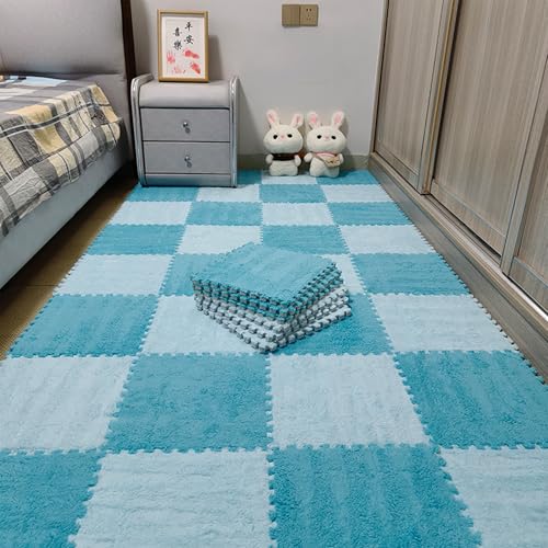 12 PCS Thickened Plush Interlocking Floor Mat Fluffy Square Tiles with 16 Edgings Soft Anti-Slip Puzzle Area Rug for Room (Sky Blue) - color: Sky Blue