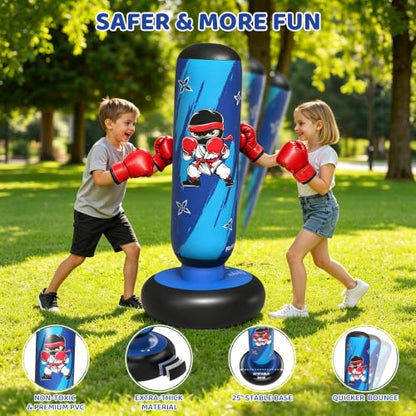64 Inch Inflatable Punching Bag for Kids with Gloves and Pump, Kids Boxing Bag Set Toys & Gifts for Boys and Girls Ages 3-12 for Karate, Taekwondo, Active Play, Fitness Training
