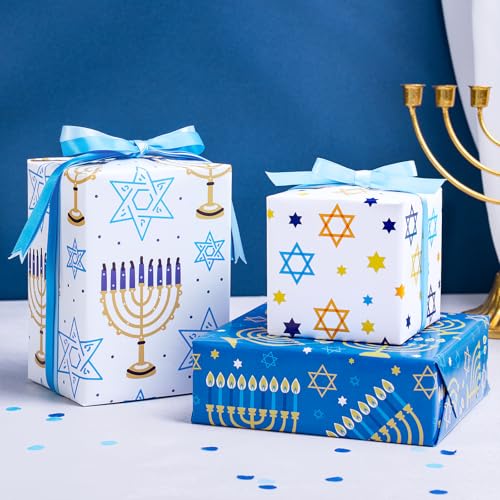 RUSPEPA Hanukkah Wrapping Paper Sheets, Star of David, Menorah, Happy Hanukkah and Stripe Design, Blue and Gold Gift Wrap for Christmas, Holiday, Birthday, 6 Folded Sheets, 19.68 X 27.5 Inch - color: Blue Hanukkah