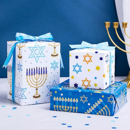 RUSPEPA Hanukkah Wrapping Paper Sheets, Star of David, Menorah, Happy Hanukkah and Stripe Design, Blue and Gold Gift Wrap for Christmas, Holiday, Birthday, 6 Folded Sheets, 19.68 X 27.5 Inch - color: Blue Hanukkah