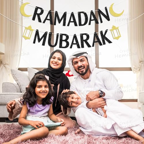 Ramadan Mubarak Banner Black Glitter, Ramadan Party Decorations, Muslim Islam Eid Festival Party Decorations