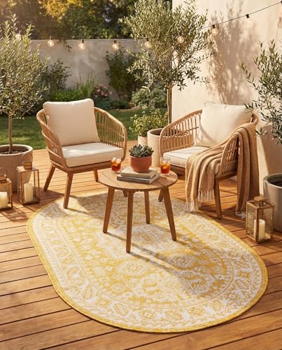Rugs.com - Outdoor Aztec Rug – 3' 1 x 5' 3 Oval Yellow Indoor/Outdoor Rug – Perfect for Patio, Deck, and Porch – Weather Resistant & Easy to Clean - color: Yellow, size: 3' x 5' (Oval)