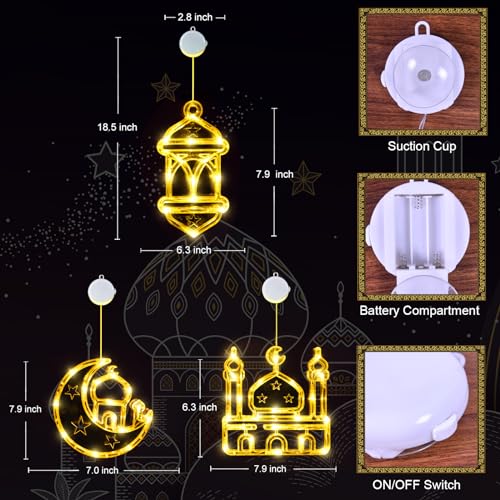 LOLStar Ramadan Decorations, 3 Pack Warm White Lantern, Moon, Mosque Eid Mubarak Window Lights Battery Operated Hanging LED Lights with Timer Function & Slow Fade Mode, Perfect Decor for Eid al Fitr - style: Lantern, Moon, and Mosque