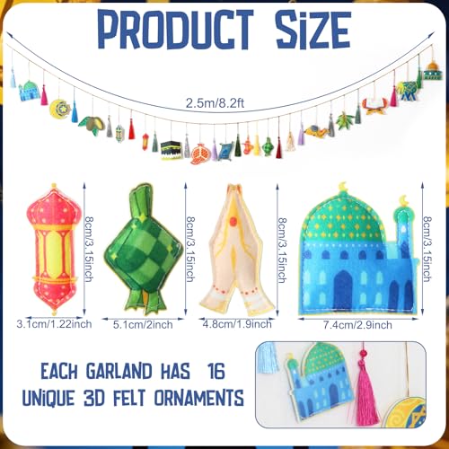 Batiyeer 32 Pcs Eid Mubarak Decorations 3D Felt Ramadan Banner Set with Lantern Moon Palace for Islam Muslim Celebration Lesser Bairam Party Hanging Decor