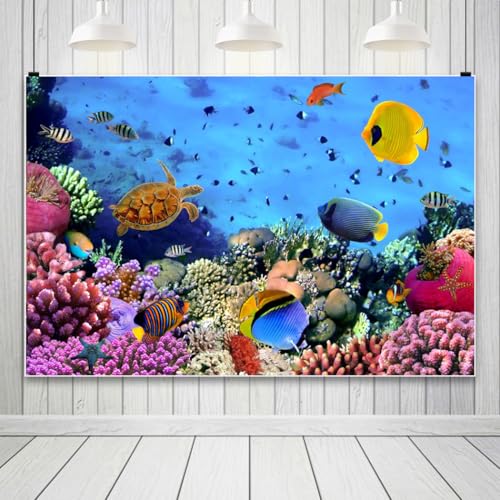 AOFOTO 10x6.5ft Underwater Ocean Coral Reef Backdrop Under The Sea Tropical Fish Sea Turtle Marine Life Photography Background Seabed World Nature Scene Aquarium Decor Kids Portrait Photo Shoot Props - size: 10x6.5ft
