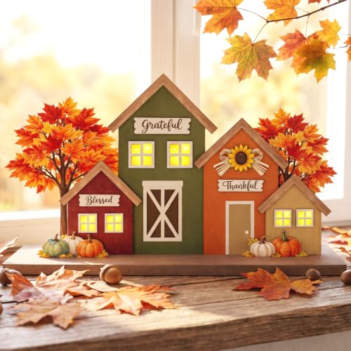 Fall Decor with LED Lights, Blessed Grateful Thankful Wooden Harvest Village Table Sign, Lighted Tabletop Decorations for Home Thanksgiving Farmhouse Living Room (House)