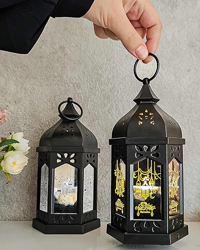 OLEEK Ramadan Lantern Lights (2PCs-8in)- Ramadan Decorations for Home 2026 - Ramadan Decor - Ramadan Lights - Ramadan Lanterns Decorative - Ramadan Lanterns for Kids - Ramadan Decoration فانوس رمضان - color: Black