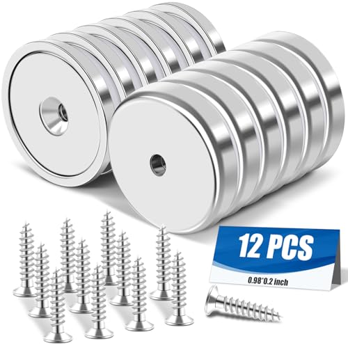 E BAVITE Strong Neodymium Magnets with Screws Silver, 12 Pack | 60 Lbs Rare Earth Magnets with Heavy Duty, Cup Magnet with Countersunk Hole and Stainless Screws for Kitchen, Craft, Office - color: Silver, size: 25mm-12P