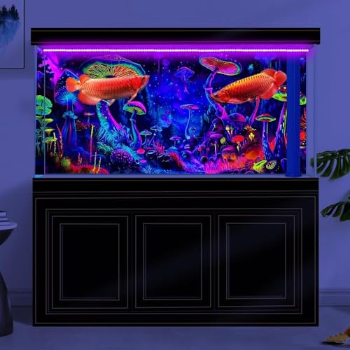 48X24IN Blacklight Mushroom Black Light Aquarium Background UV Reactive Background Starry Sky Terrarium Mushroom Theme Background with 10 EVA Double-Sided Tape - color: Violet bluish, size: 48X24in/120X60cm