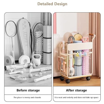 Yoga Mat Storage Cart - Multi-Compartment Home Gym Organizer with Wheels, Dumbbell & Sports Equipment Rack, Slim Fitness Gear Bin with Side Hooks