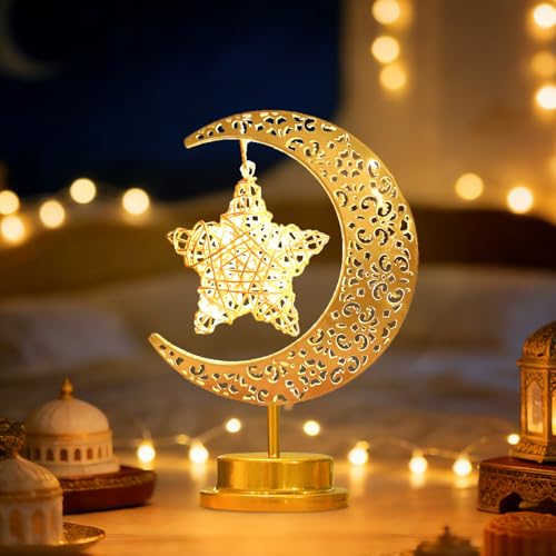 Lifnatty Moon Lamp with Hanging Star, Decorative Crescent Moon Night Light Battery Powered, Retro Metal LED Table Lamp for Bedroom Living Room Boho Home Decor, Gift for Women Birthday Christmas - style: Battery Powered Moon Star Lamp