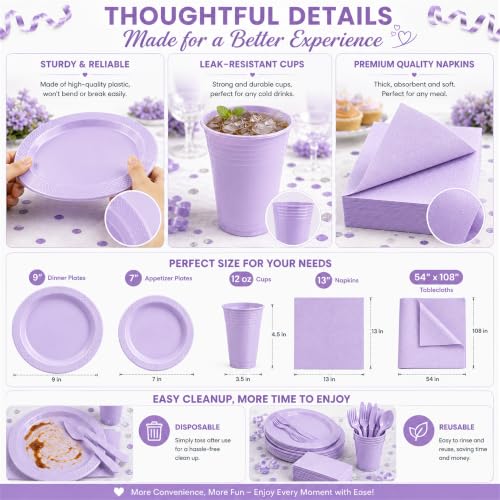 Tinybee 352 Pcs Lilac Plastic Plates, Disposable Dinnerware Set for 50 - color: Lavender