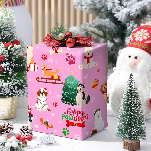 Cuitpan Pink Dog Christmas Wrapping Paper - Xmas Gift Wrap with Christmas Trees, Dog Breeds, Paw Prints & Snowflakes Design- Perfect for Kids & Adults Gift Wrapping - 40×28 Inches, 4 Folded Sheets - color: Pink-Christmas
