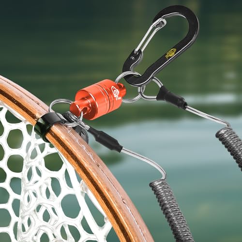 SF Strongest Magnetic Net Release Magnetic Keychain Fly Fishing Net Retractor Magnet Clip Holder Retractor with Retractable Coiled Lanyard Carabiner - color: Red Magnet+ Black Aluminum Alloy Hook