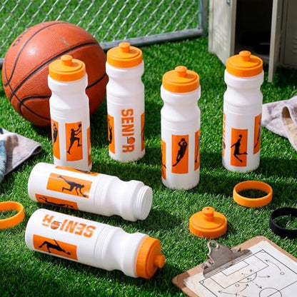 Talltalk 6 Pcs Basketball Water Bottles Bulk 25 oz Reusable Squeeze Sports Bottles Portable Leak Proof Plastic Juice Bottle for Summer Sport Themed Party Favors Birthday Team Senior Night Gifts