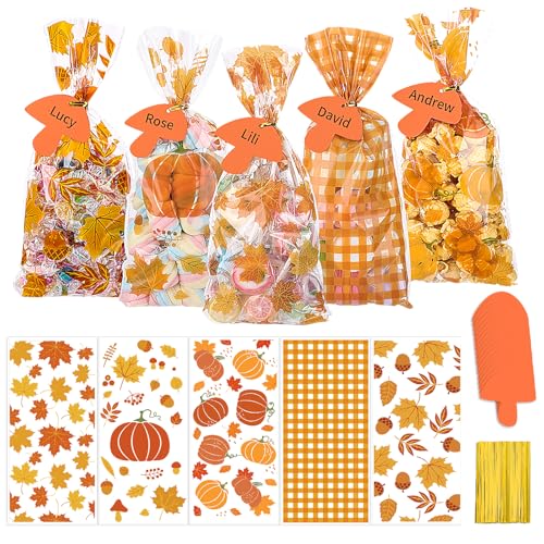 woric 5 Styles Fall Treat Bags with Gift Tags 100 PCS Clear Pumpkin Maple Leaves Goodie Bags Plastic Gift Candy Bag with Twist Ties for Thanksgiving Fall Pumpkin Party Favors - color: Fall Leaf