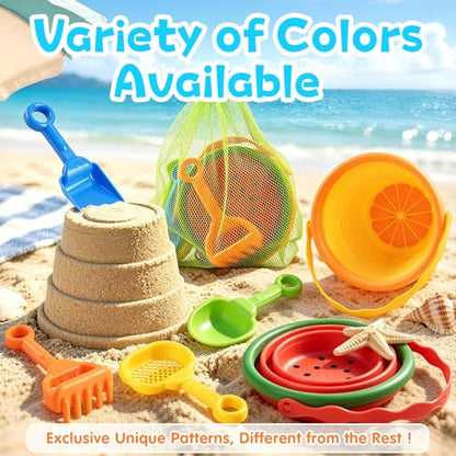 Collapsible Beach Toys for Kids, 2 Packs Foldable Silicone Sand Buckets Set with 4 Packs Sand shovels and Mesh Bag, Travel Beach Essentials for Sandbox, Pool, Camping,Fishing, Summer Party Favors - color: Red-yellow