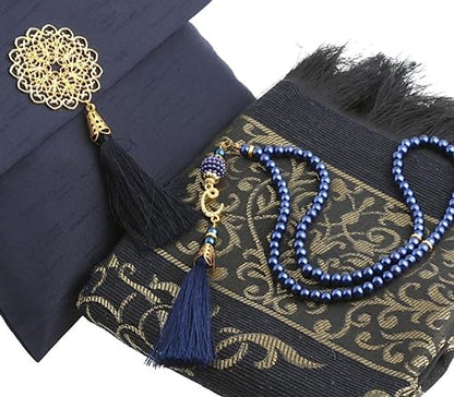 Prien Muslim Prayer Rug with Tasbih and Portable Bag, Muslim Gift for Women Men, Mubarak Islamic Box, Soft Mat Islam Gifts Set, Turkish Sajadah for Ramadan, Eid, Hajj, Travel, Pray (Navy Blue) - color: Navy Blue