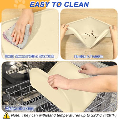 SMILOOL Silicone Pet Food Mat with Raised Edge for Food and Water Bowl, Dog Feeding Mats, Cat Food Trays for Floor Waterproof, Rubber Tray for Dogs and Cats, 24 x 16 x 0.8 White Sand(Yellow Cast)