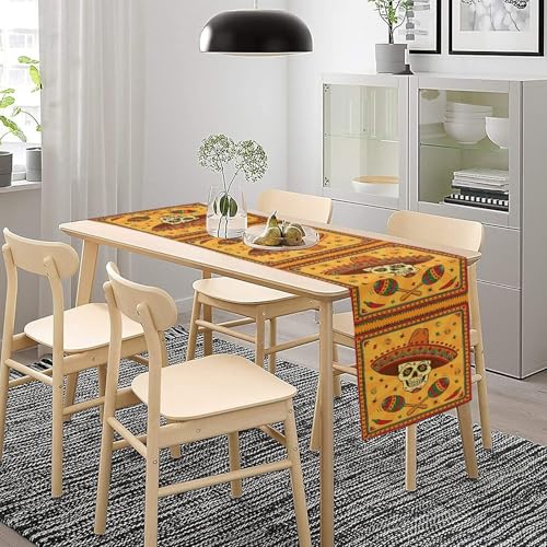 Cotton Linen Table Runner Mexican, Mexican Skull Cartoon Traditional Celebration Latino Rectangle Table Collection for Dinner Wedding Birthday Party 13x36 Inch - color: Mexican-1, size: 13x36 Inch