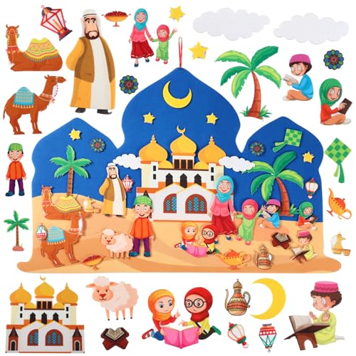 Breling DIY Felt Eid Al-adha Crafts for Kids 3x2 ft Mosque Scene Eid Mubarak Craft with 31 Detachable Mosque Moon Star Ornaments for Kid Toddler Muslim Ramadan Islamic Gift Wall Hanging Decoration - style: Mosque