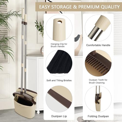 Broom and Dustpan Combo Set,55" Long Handle,Beige | Heavy Dust,Dustpans with Broom Combo,House Accessories for Home, Kitchen,Office,Classroom,Apartment,Pet Hair - color: Beige