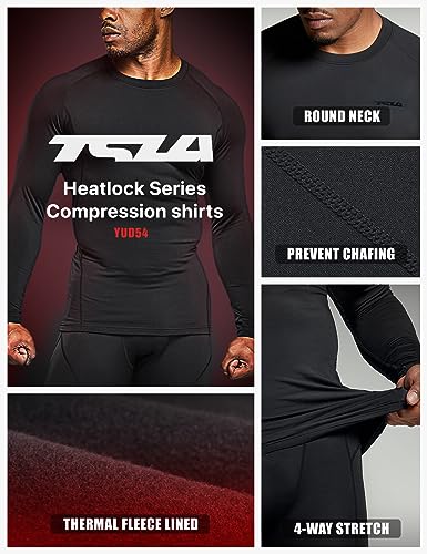 TSLA Men's Thermal Long Sleeve Compression Shirts, Athletic Base Layer Top, Winter Gear Running T-Shirt - color: Heatlock Round Neck Black, size: Medium