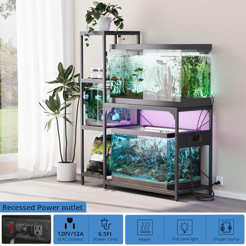 VOWNER 20-29 Gallon Fish Tank Stand with Power Outlet, Aquarium Stand,Black | Shelves for Fish Tank Accessories Storage, Heavy Duty Metal Frame, Turtle Reptile Terrarium Stand, Load 500lb - color: Black