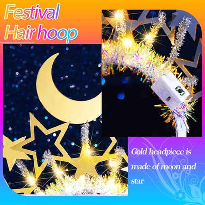 Yean Light Up Gold Moon Star Headband for Women (Gold-Warm Light, One Size) | New Years Star Headband Costume Party Hair Accessories