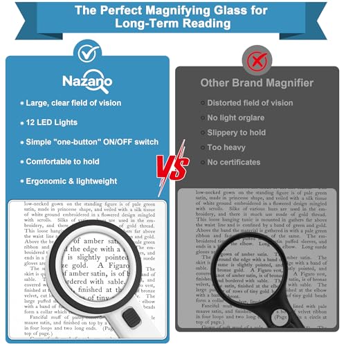 Nazano Magnifying Glass with Light, Ultra-Clear Lightweight Handheld Reading Magnifier with 12 LEDs, Distortion-Free Optical Lens for Seniors, Macular Degeneration, Close Work, Coins & Pill Bottles