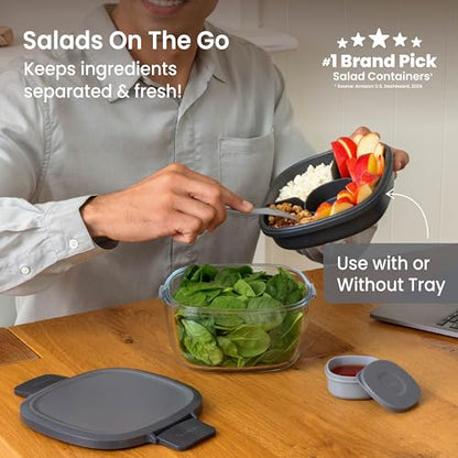 Bentgo Glass Salad Container - 7.6-Cup Salad Bowl with Airtight Lid, Leak-Proof Sauce Container, 4-Compartment Bento Tray & Reusable Fork - BPA-Free for Meal Prep, Office & More (Dark Gray) - color: Dark Gray