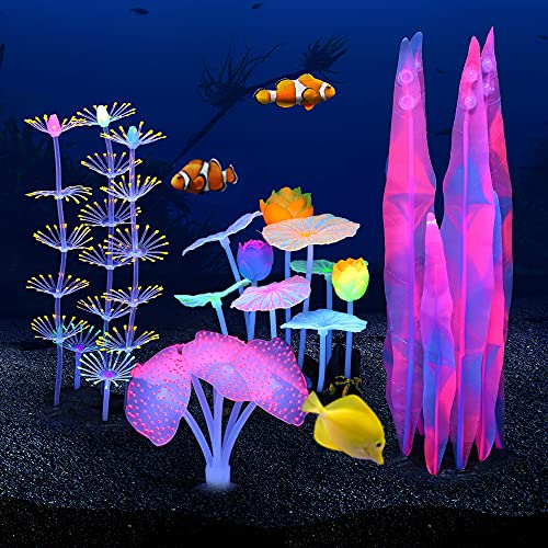 Glowing Fish Tank Decoration Aquarium Plants Accessories Kit #2 | Glowing Effect Fish Tack Decoration Accessories Including Lotus Kelp Strip Coral Anemone Plant Aquarium Decor Kit - style: Lotus+Kelp+strip Coral+Anemone